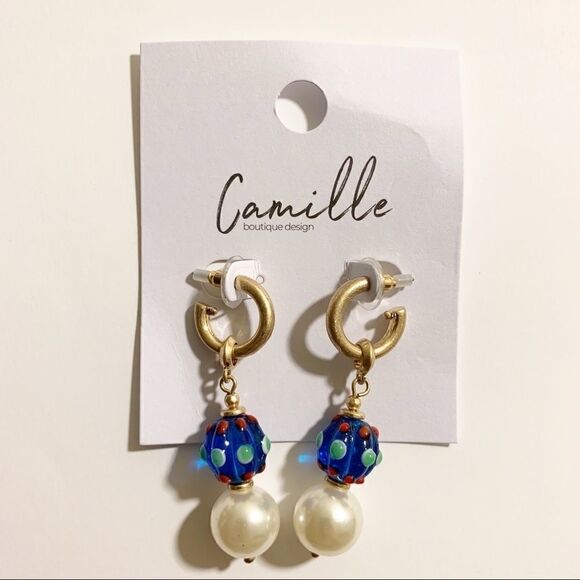 Colorful Glass Circle Ball Pearl Drop Earrings - Picture 1 of 5